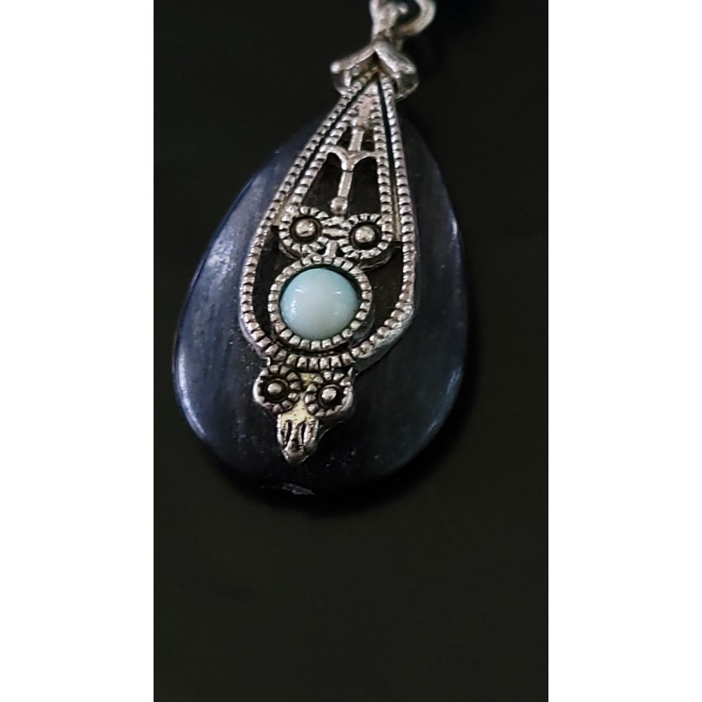Vintage Avon NR Turquoise Black Filigree Medallion Drop Necklace 16in